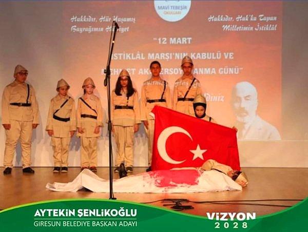 İstiklal Marşı'nın kabulünün yıl dönümünde de Türk Bayrağı ve kanlar içinde temsili asker fotoğrafı eşliğinde çekilmiş kareye de Şenlikoğlu'nun adı ve “Vizyon 2028” sloganı yazılmıştı.