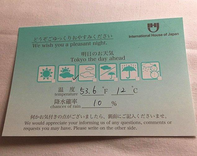 6. "Tokyo'da kaldığım otelde yatağımın kenarında bu kağıdı buldum. Ertesi günün hava tahmini yazıyordu."