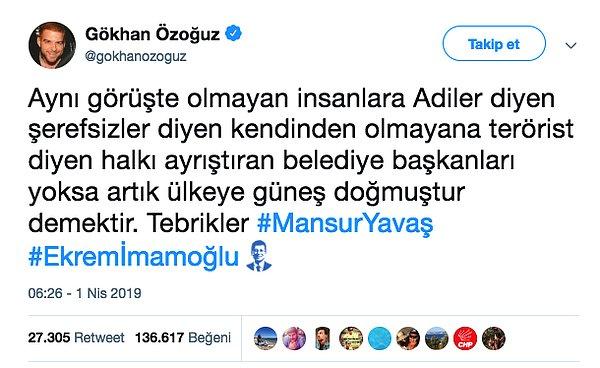 Özoğuz daha sonra İstanbul Büyükşehir Belediye Başkanı Ekrem İmamoğlu ile Ankara Büyükşehir Belediye Başkanı Mansur Yavaş'ı böyle tebrik etti.