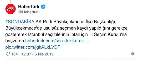 Habertürk'te yer alan haberde "İstanbul seçimlerinin iptali için İl Seçim Kurulu'na başvuruldu" denilmişti.