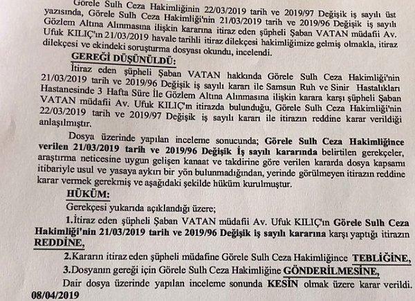 Giresun Sulh Ceza Hakimliği, Şaban Vatan'ın avukatlarının itirazını reddetti 👇