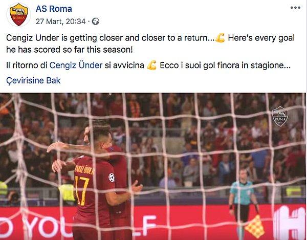 AS Roma'nın resmi Facebook hesabı Ünder'in dönüşünün şerefine attığı gollerden bir kolaj paylaştı.