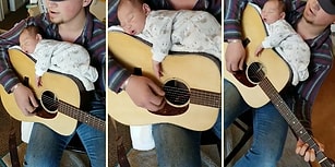 Bebeğini Gitarın Üzerinde, Şarkı Söyleyerek Uyutan Babadan Gözlerden Kalpler Fışkırtacak Güzellikte Video!