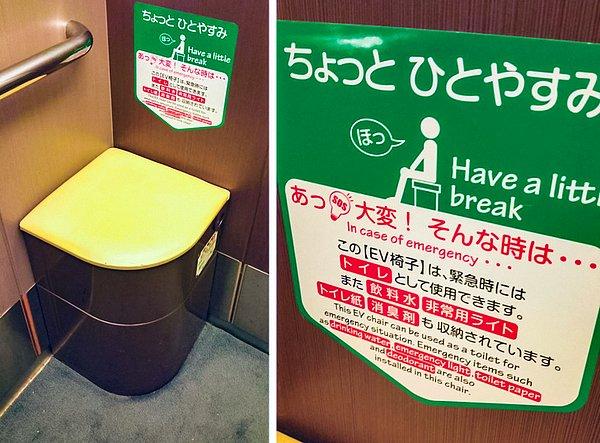 14. Bazı asansörlerde, acil bir durumda tuvalet olarak kullanılabilecek oturaklar var.