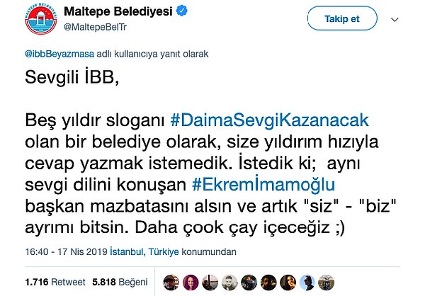 Buna cevap vermek için Ekrem İmamoğlu'nun mazbatasını almasını -yani 17 gün sabırla- bekledi Maltepe Belediyesi. 😅