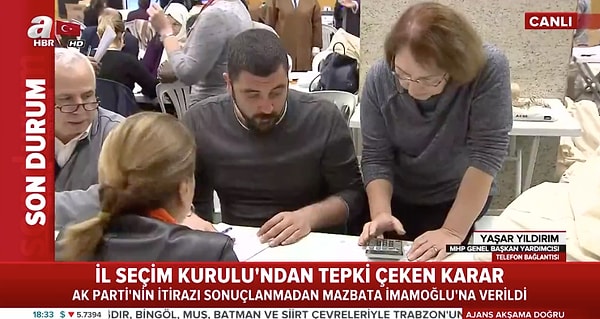 MHP Genel Başkan Yardımcısı Yıldırım, A Haber canlı yayınına bağlanarak açıklamalarda bulundu. Yıldırım, "YSK'dan beklenen mazbatanın iptali ve seçimlerin yenilenmesidir" dedi.