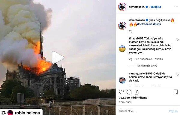 5. Demet Akalın'ın Notre Dame Katedrali'i yanarken paylaştığı bu video ve altına yazdığı...