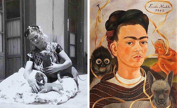 Eşiyle acılı bir boşanma süreci yaşadıktan sonra, Frida kendini hayvanlarla çevrili şekilde resmetmeye başladı.