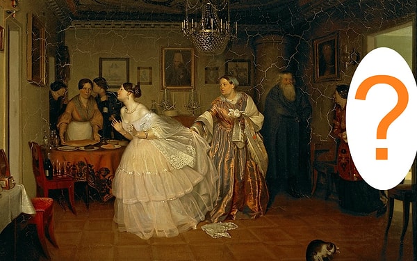 13. Что делает жених на известной картине Павла Федотова «Сватовство майора»?