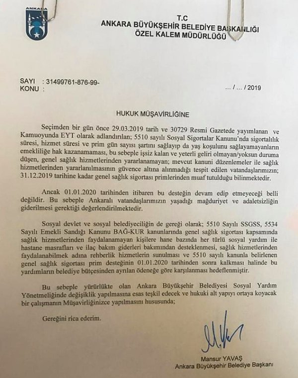 Hukuk müşavirliğine bir yazı gönderen Yavaş, Ankara Büyükşehir Belediyesi Başkanlığı Sosyal Yardım Yönetmeliği'nde değişiklik yapılmasını istedi.