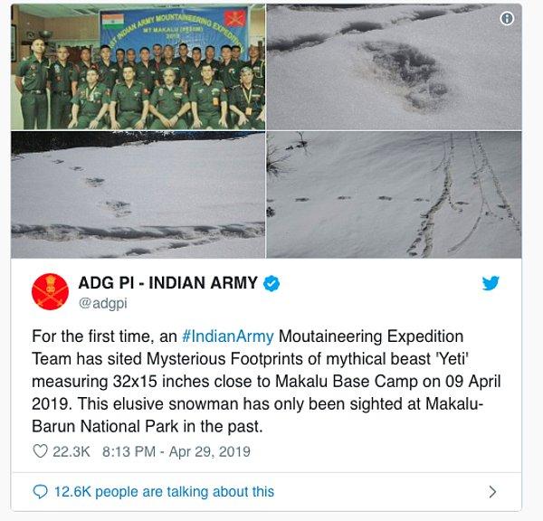 Dün, yani 29 Nisan 2019 tarihinde Hindistan Ordusu, 'Tibet Kar Adamı' ya da 'Yeti'ye ait olduğu iddiası ile şu paylaşımı yaptı.