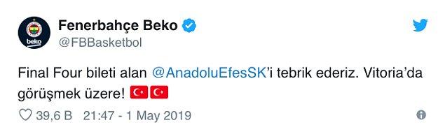 Fenerbahçe Beko, THY Avrupa Ligi'nde Dörtlü Final'e kalarak rakibi olan Anadolu Efes'i tebrik etti.