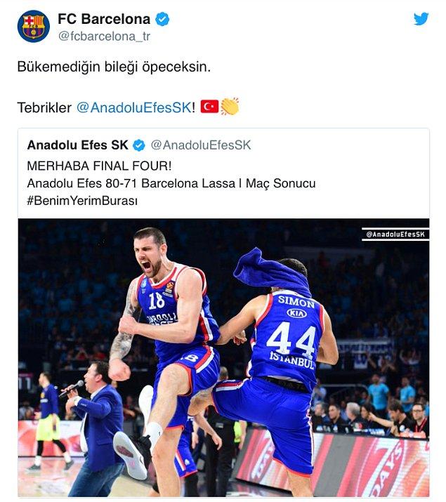 Barcelona da Türkçe Twitter hesabından Anadolu Efes'i kutladı 👇