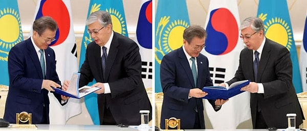 11. А вот как президент Токаев помолодел на фотографиях со встречи с южно-корейским лидером Мун Чжэ Ином в апреле: