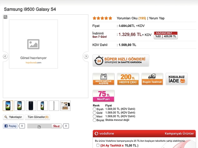2014 Samsung S4 (16 GB): 1569 TL KDV dahil