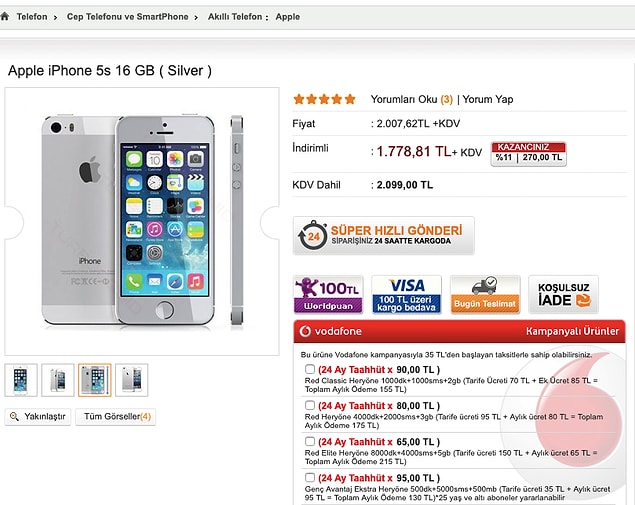 2014 iPhone 5S (16GB): 2099 TL KDV dahil
