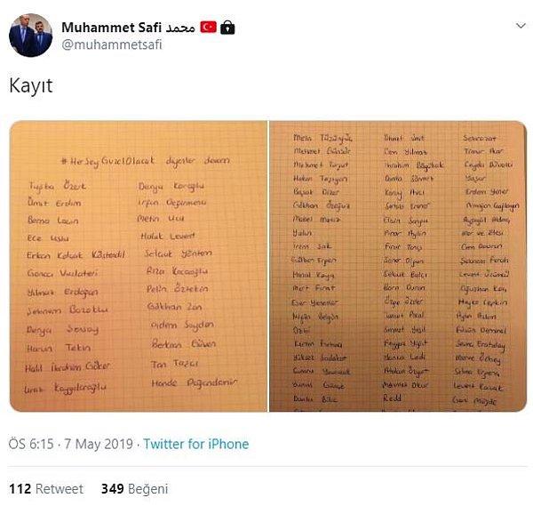 Safi, #HerŞeyÇokGüzelOlacak etiketini kullanan ünlüleri Twitter hesabından 'kayıt' açıklamasıyla paylaştı.
