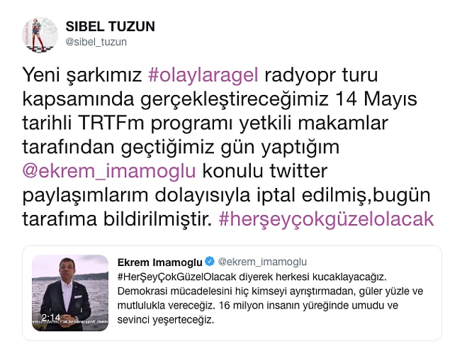 Ancak dün bir paylaşım yaptı ve yeni albüm çalışmaları için 14 Mayıs'ta katılacağı programın TRT FM tarafından iptal edildiğini duyurdu.