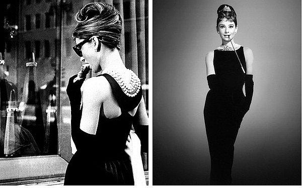 12. Audrey Hepburn, Tiffany'de Kahvaltı filmindeki bu ikonik elbise ile Coco Chanel'e de bir göz kırpmış oldu. (1961)