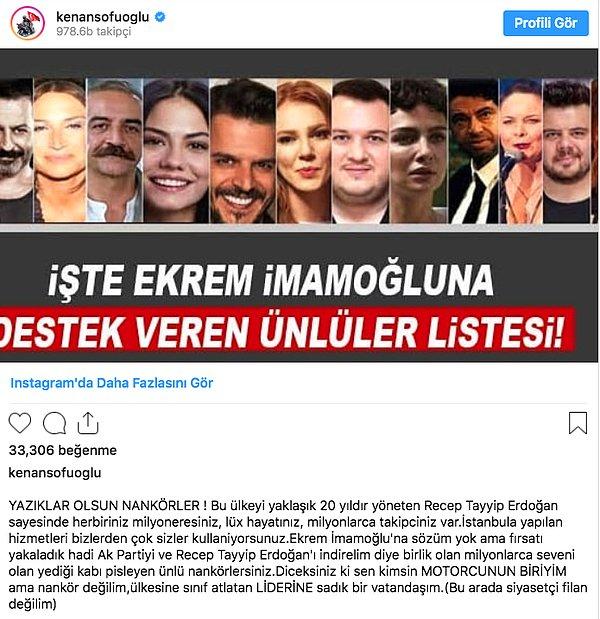 Sofuoğlu, Instagram hesabından Ekrem İmamoğlu'na destek veren ünlülerin fotoğrafını paylaştı ve şöyle yazdı👇