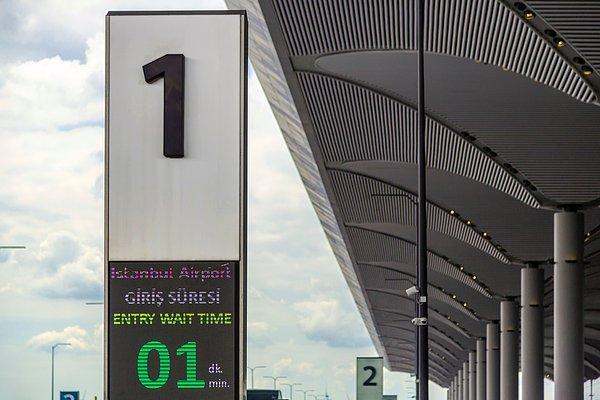 1. İstanbul Havalimanı’nın kapı girişlerinde bulunan tabelalar ile içeriye kaç dakika içerisinde girebileceğinizi görebilirsiniz.  Bu tabelalardan ortalama giriş sürelerini takip edip, yoğunluğa göre diğer kapılara yönelebilirsiniz.