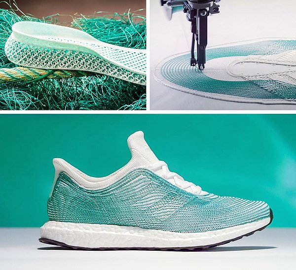 Okyanusta bulunan balık ağları kullanılarak 3D ile yapılmış çevre dostu Adidas ayakkabılar.