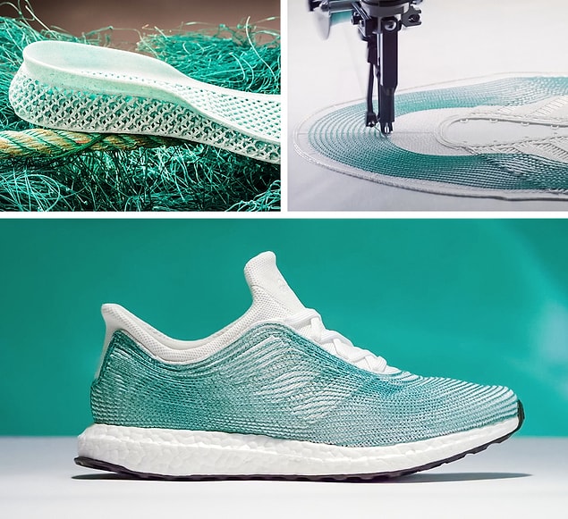Okyanusta bulunan balık ağları kullanılarak 3D ile yapılmış çevre dostu Adidas ayakkabılar.