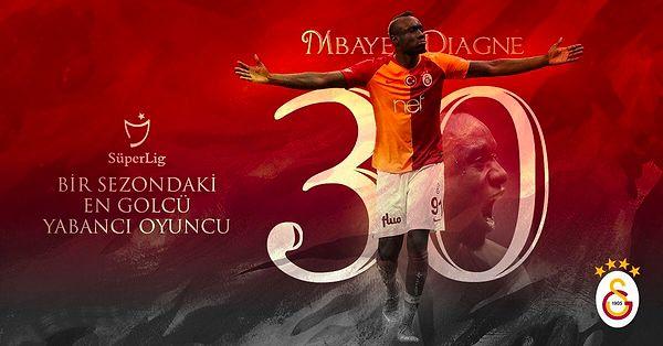 Mbaye Diagne, Süper Lig'de bitime 2 hafta kala 30 gole ulaştı ve Bafetimbi Gomis'e ait olan bir sezonda en çok gol atan yabancı oyuncu unvanını ele geçirdi