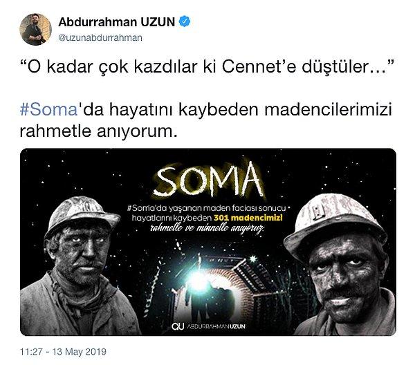O anma mesajlarından biri de THM Haber Genel Yayın Yönetmeni Abdurrahman Uzun'dan geldi. Faciada göz göre göre yaşamını yitiren madencilerin cennete gittiğini ifade eden Uzun'a sosyal medyadan tepkiler geldi.