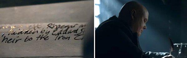 Bölümün ilk sahnesinde Varys'i, Jon'la ilgili gerçeği açıklayan bir mektup yazarken görmüştük. Büyük ihtimalle bir kuzgunla birlikte herkese göndermeyi planlamıştı.
