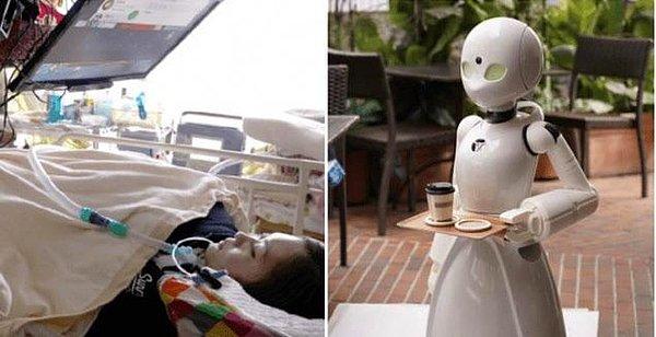 19. Bir kafe ise gelir elde edebilsinler diye felç geçirmiş insanları, robot garsonları kontrol etmeleri için işe almaktadır.