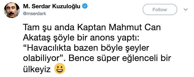 ve Kuzuloğlu, gecikmeli uçuşta kaptan pilotun anonsunu paylaştı: 'Havacılıkta bazen böyle şeyler olabiliyor.'