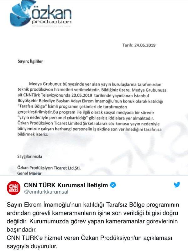 CNN TÜRK Kurumsal İletişim hesabından paylaşılan mesajda, kanala teknik hizmet veren Özkan Prodüksiyon adlı şirketin yazılı açıklaması da yer aldı 👇