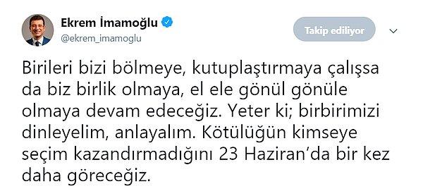 İmamoğlu videoyu Twitter'dan paylaşarak 'Birileri bizi bölmeye çalışsa da el ele olmaya devam edeceğiz' dedi.