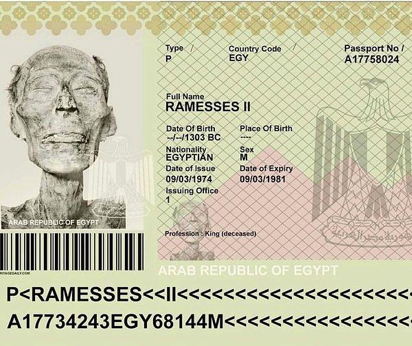 4. Efsanevi Firavun, II. Ramses'in Mısır pasaportu.