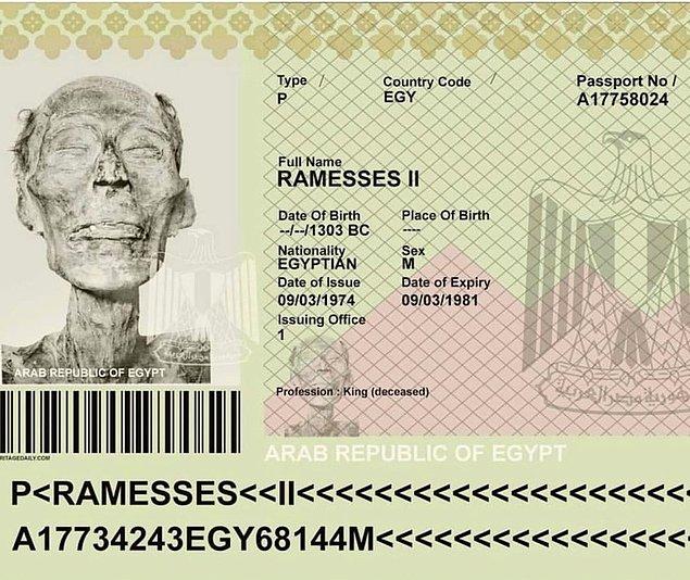 4. Efsanevi Firavun, II. Ramses'in Mısır pasaportu.