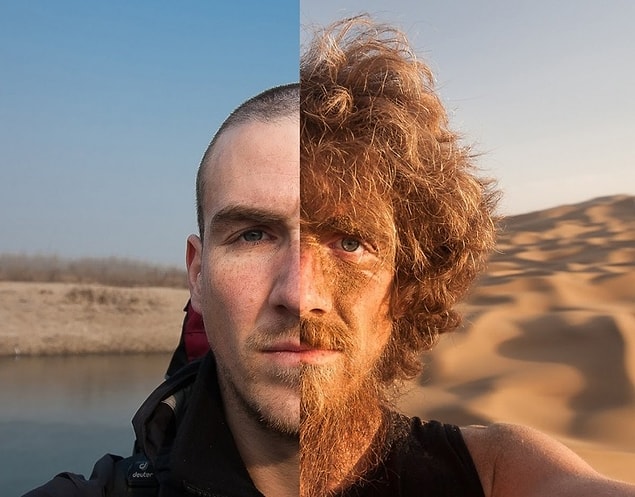8. Bir yıl boyunca Çin’de yürüyen bir adamın öncesi ve sonrası fotoğrafı.