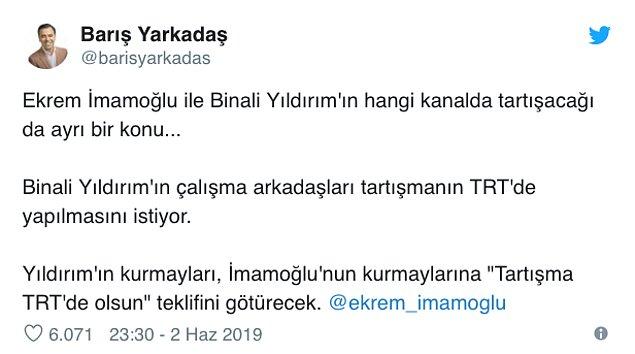 Gazeteci ve TBMM 25. ve 26. Dönem CHP Milletvekili Barış Yarkadaş, "Yıldırım'ın çalışma arkadaşları TRT'de yapılmasını istiyor" bilgisini aktarmıştı.