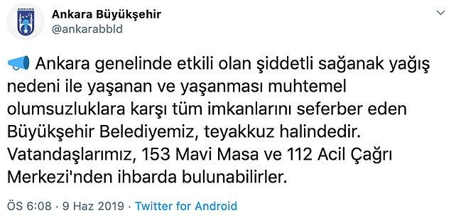 Ankara Büyükşehir Belediyesi, acil durumlar için 153 Mavi Masa ve 112 Acil Çağrı Merkezi'nin kullanılmasını belirtti.