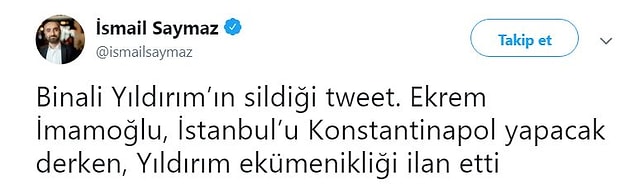 Yıldırım'ın, Türkiye'nin tanımadığı 'ekümenik' sıfatını kullanması sosyal medyanın gündemindeydi...