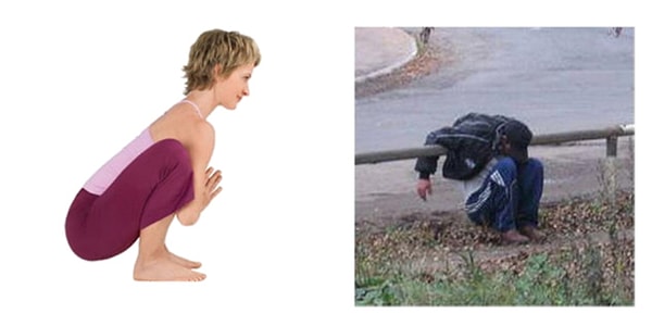 4. Маласана (поза гирлянды) растягивает лодыжки, пах и верхнюю часть туловища. Если вам не удается сразу встать пятками на пол, то подложите под них свернутое полотенце.