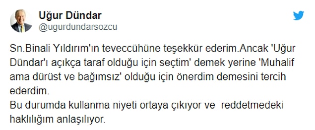 Yıldırım'ın bu açıklaması sonrası Dündar'da cevap geldi: "Niyeti ortaya çıktı"