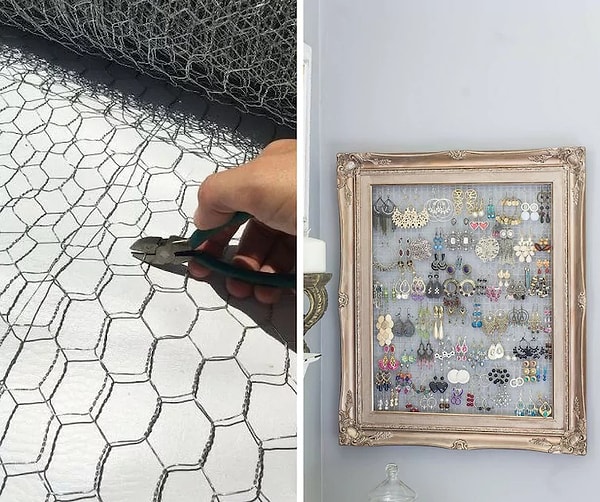 6. А из мелкой металлической сетки и рамки для картины можно сделать удобное место для хранения бижутерии