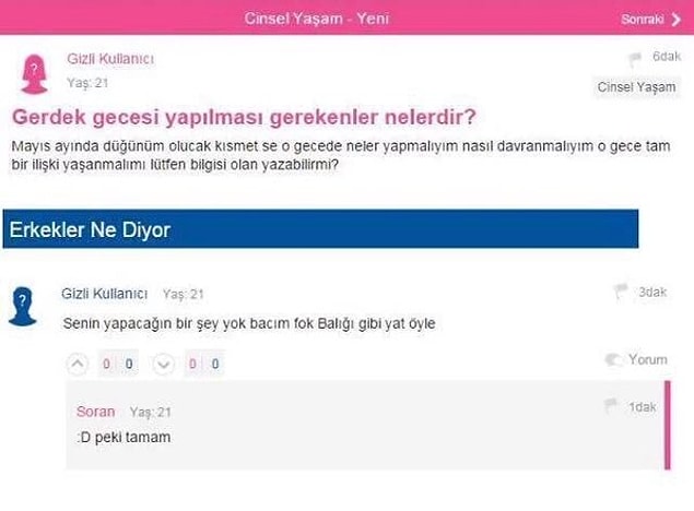 13. Gerdek gecesi yapılacaklar diye bir kılavuz çıkartılsa da, herkes bi' derin nefes alsa.