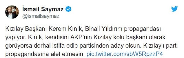 Kızılay Başkanı Kınık'ın açık siyasi pozisyon alması sosyal medyada eleştirildi...