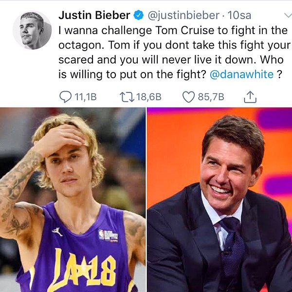 9. Justin Bieber'ın Tom Cruise'a kafes dövüşü teklif ettiğini duymuş muydunuz?