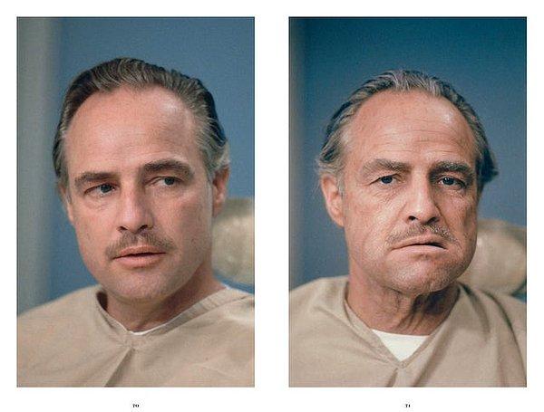 4. Marlon Brando, Baba setinde makyaja bürünmeden önce ve sonra, 1972.