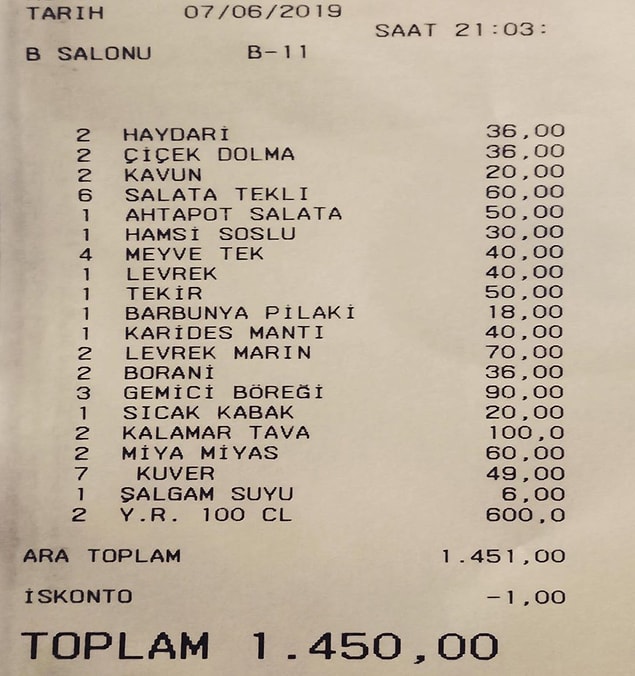 10. Cunda: Boncuk Restoran'ın bu adisyonuna göre balıksız olarak kişi başına düşen tutar 200 TL. İskonto miktarını ise görmesek daha iyi.