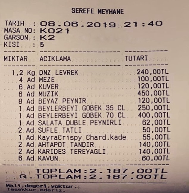 11. Alaçatı: Şerefe Meyhane'ye giderseniz kişi başı 75 TL müzik dinleme parası vereceğinizi de bu hesaptan görebiliyorsunuz.