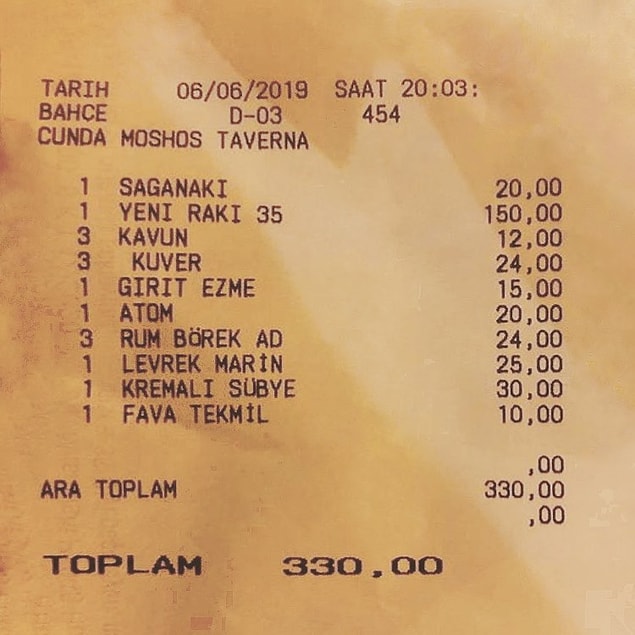 12. Cunda: Moshos Taverna'nın hesabı çerçeveletip duvara asmalık. Gayet uygun!